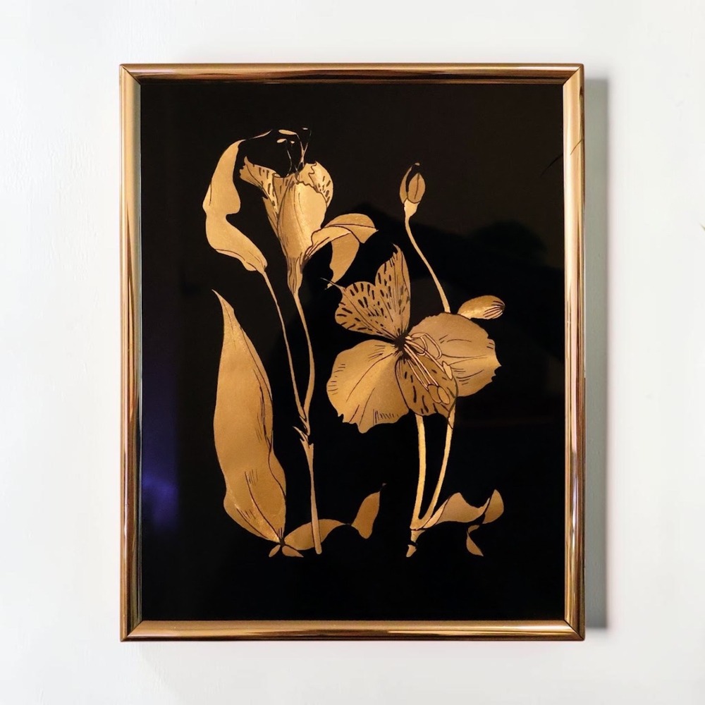 Vintage Gold Foil Botanical Lily Floral Art Black Background Gold Tone Frame